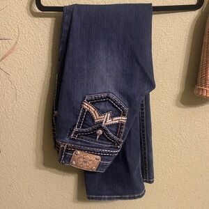 Miss Me Dark Blue Boot Cut Jeans with Tan Accents